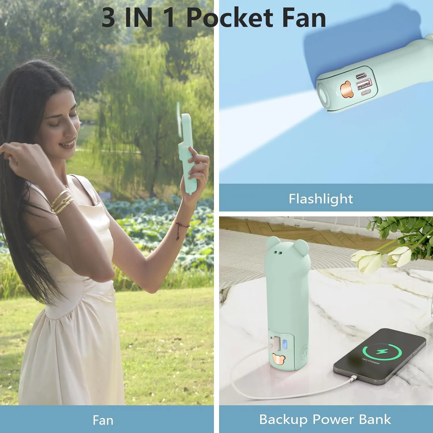 3-in-1 Handheld Fan with Power Bank & Flashlight - USB Rechargeable, Foldable, 3-Speed, 17 Hrs, for Travel, Home, Outdoor (Green