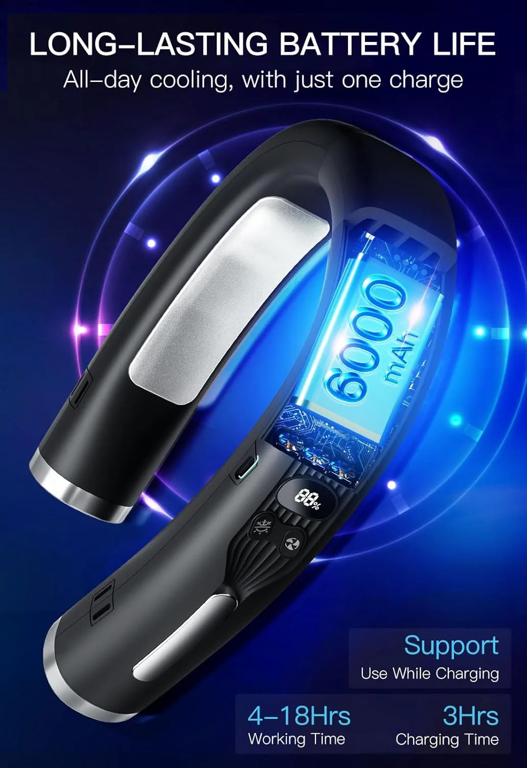 3 in 1 Neck Air Conditioner Portable, 6000mAh Neck Fan with 2 Metal Cooling Plates, Neck Fans that Blow Cold Air Rechargeable with 3 Speeds, Neck Cooling Fan with 3 Modes-Fan/Cooler/Heater, Black