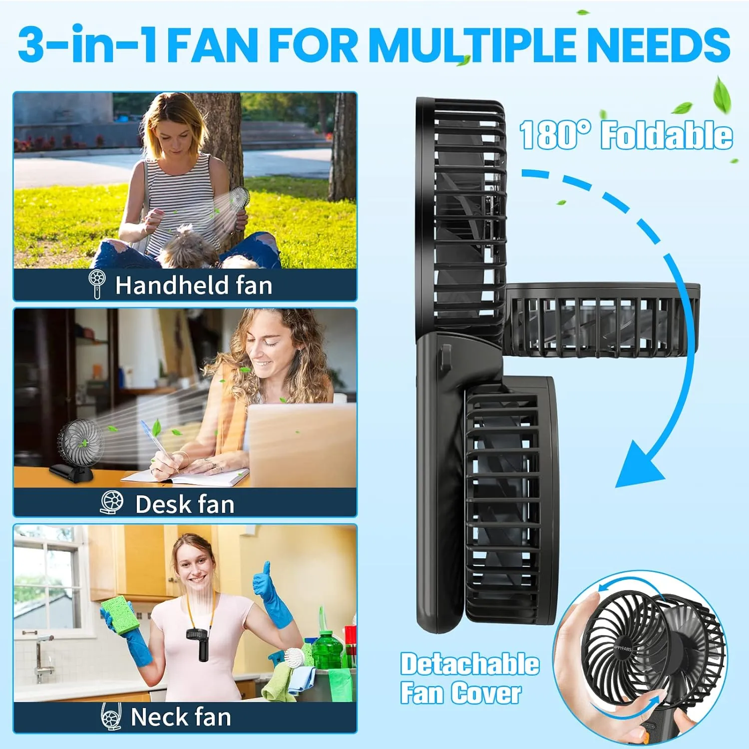 3-in-1 Portable Fan with 4 Speeds - Rechargeable Handheld Neck Desk Fan, Foldable Handle & Adjustable Rope, Lightweight Personal Cooling Fan for Adults Kids Travel Indoor Outdoor