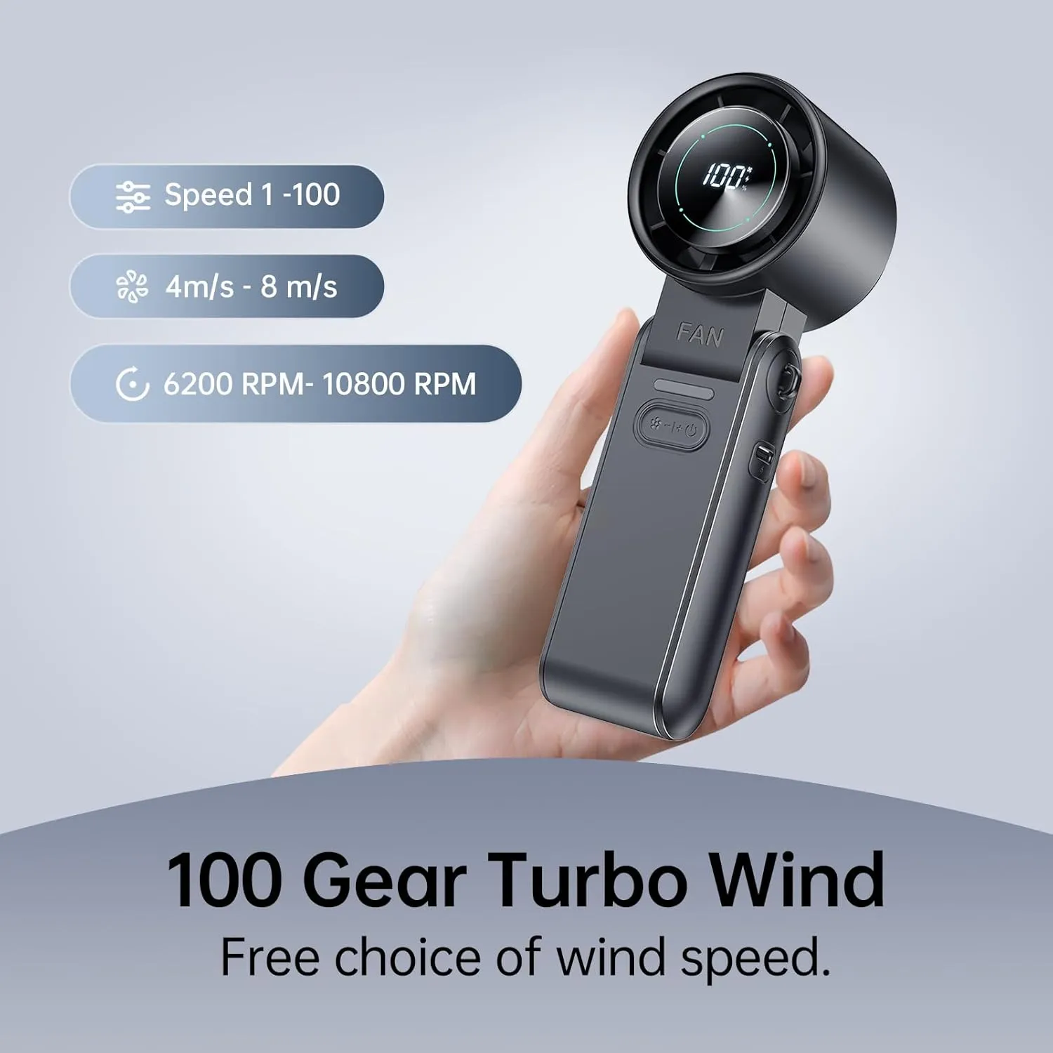 3-in-1 Portable Handheld Turbo Fan-100 Speeds, 10800 RPM, 12Hrs Cooling, Digital Display, 120 Rotation, USB Rechargeable Mini Hand Held Personal Fan for Travel, Makeup, Outdoor, Indoor (Black)