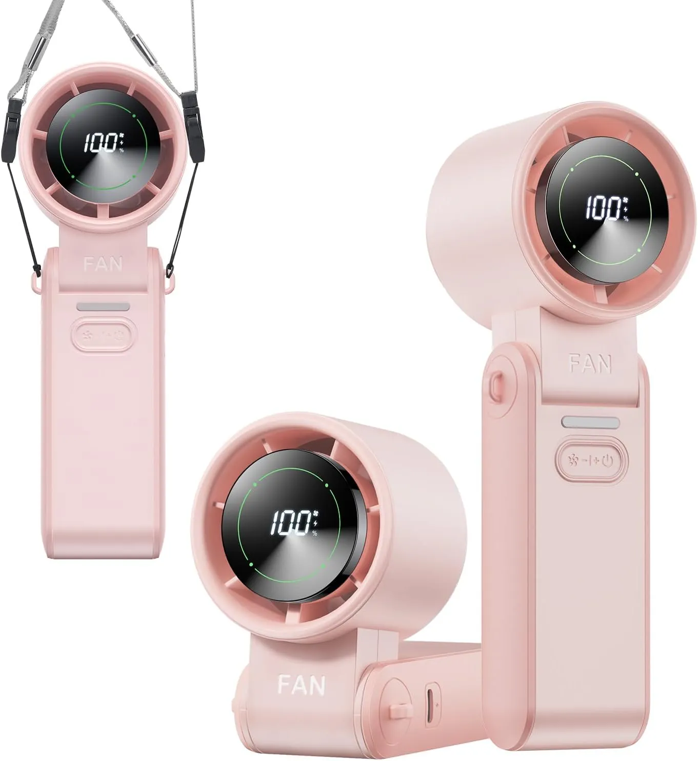 3-in-1 Portable Handheld Turbo Fan-100 Speeds, 10800 RPM, 12Hrs Cooling, Digital Display, 120 Rotation, USB Rechargeable Mini Hand Held Personal Fan for Travel, Makeup, Outdoor, Indoor (Pink) Neck fan for hands-free comfort