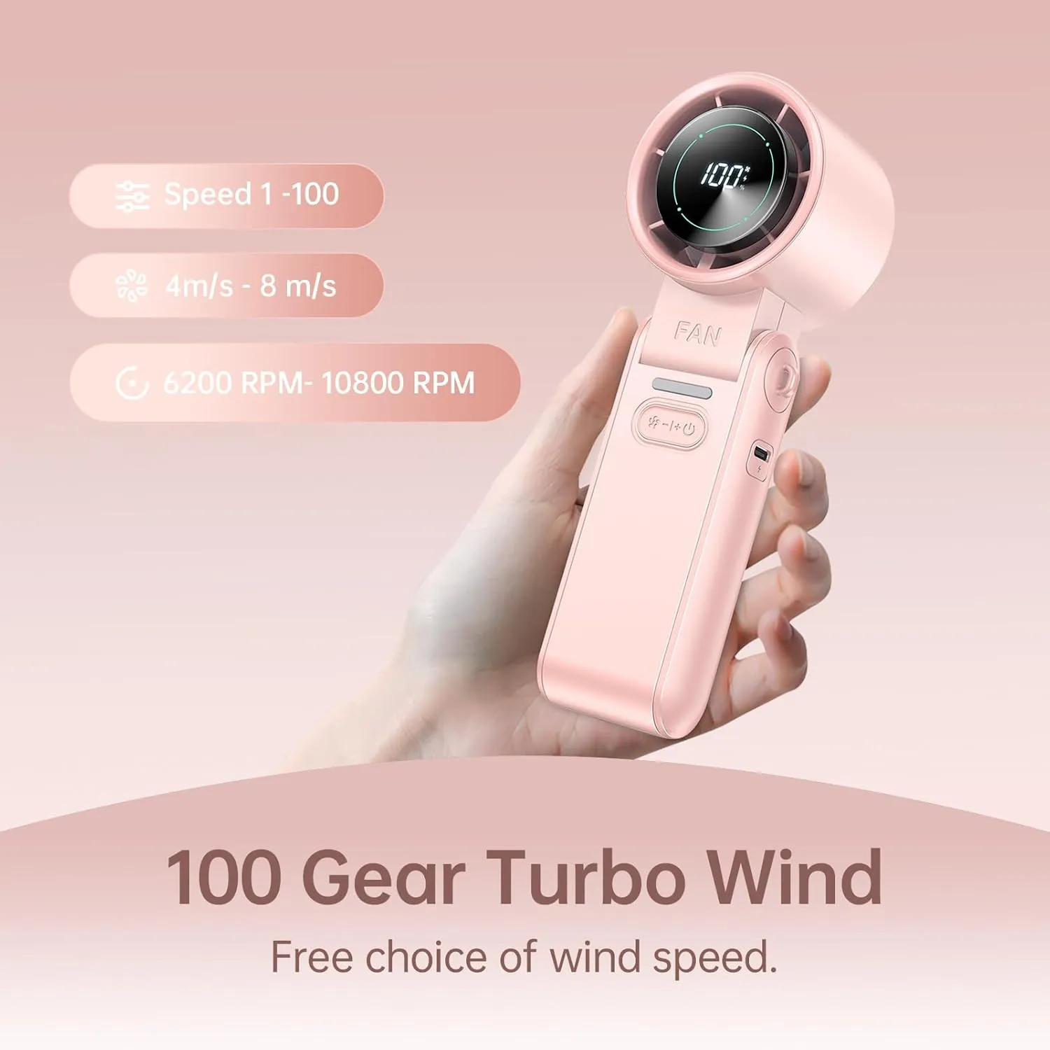 3-in-1 Portable Handheld Turbo Fan-100 Speeds, 10800 RPM, 12Hrs Cooling, Digital Display, 120 Rotation, USB Rechargeable Mini Hand Held Personal Fan for Travel, Makeup, Outdoor, Indoor (Pink)