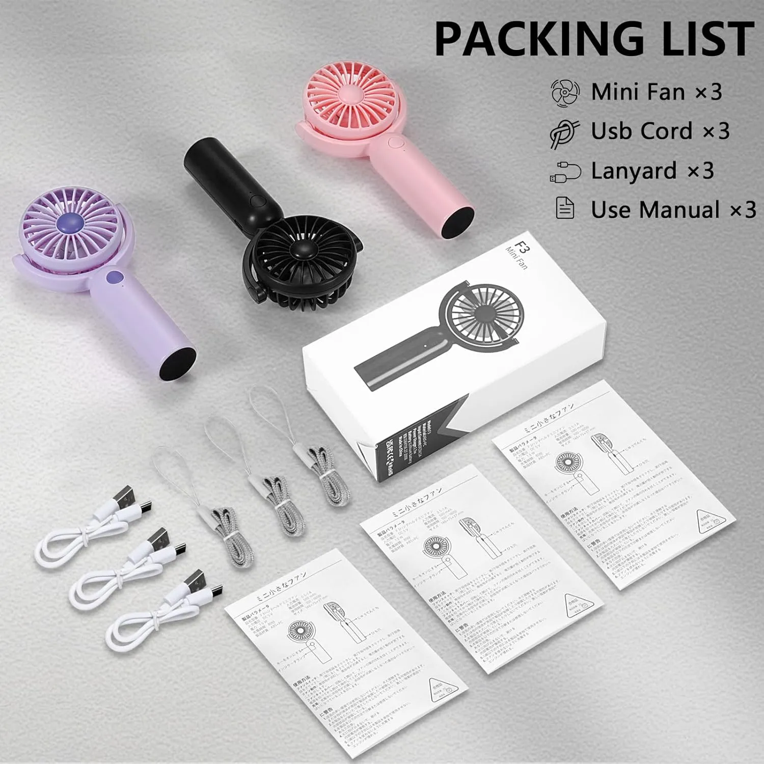 3 Packs Portable Handheld Mini Fans with 3 Speed, 180 Adjustable, Lightweight, USB C Rechargeable for Travel Stylish Kids Girls Women Men Indoor Outdoor,Eyelash Personal Fan Black & Purple & Pink