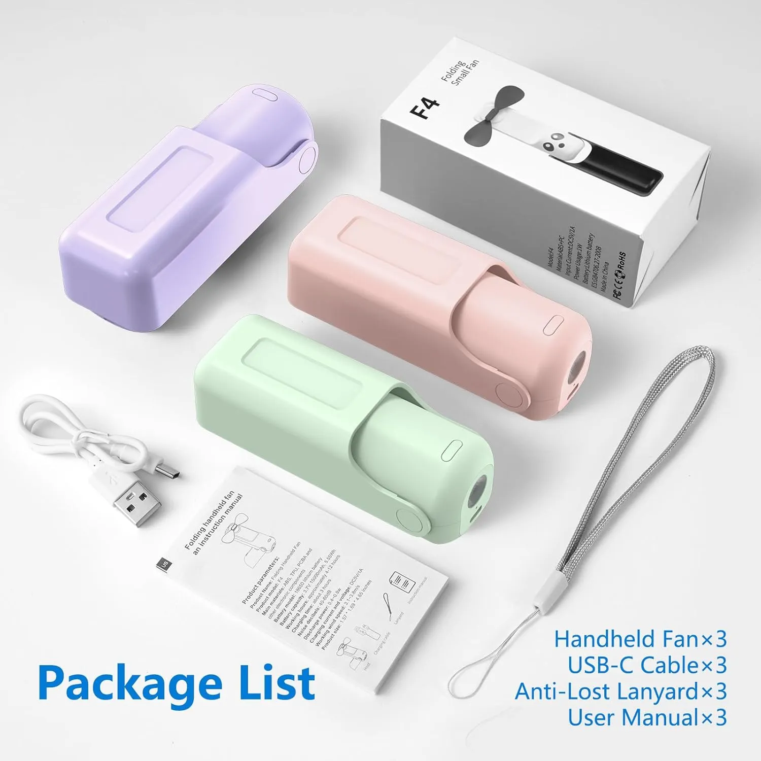 3 Pcs Portable Handheld Fans, 3 IN 1 USB-C Rechargeable [10H Working time] Mini Fan with 3 Speed, Flashlight, Lanyard, Folding Personal Fan, Gifts for Women Men Girls Kids, Purple&Pink&Green