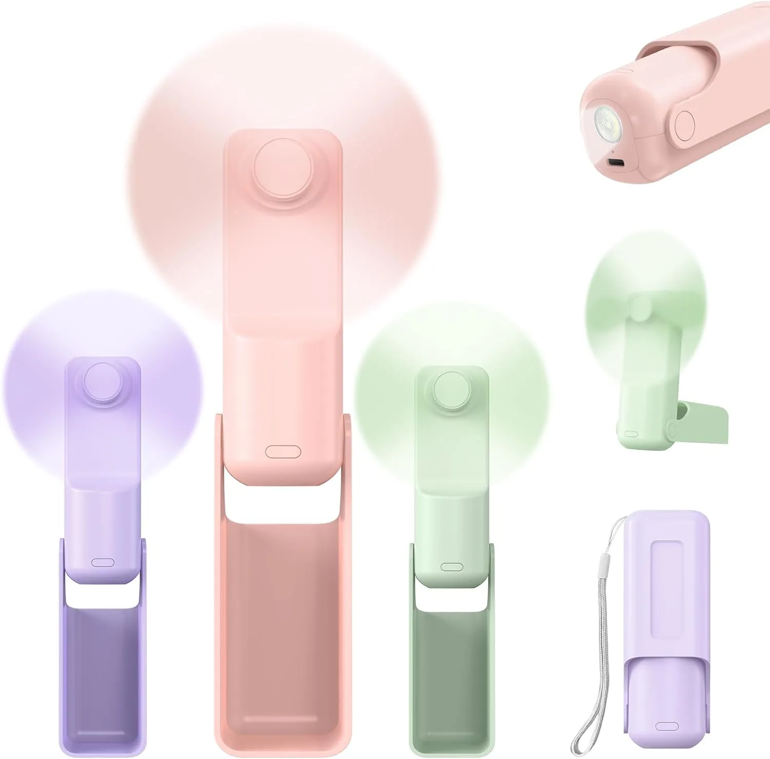 3 Pcs Portable Handheld Fans, 3 IN 1 USB-C Rechargeable [10H Working time] Mini Fan with 3 Speed, Flashlight, Lanyard, Folding Personal Fan, Gifts for Women Men Girls Kids, Purple&Pink&Green Mini handheld fan for personal cooling