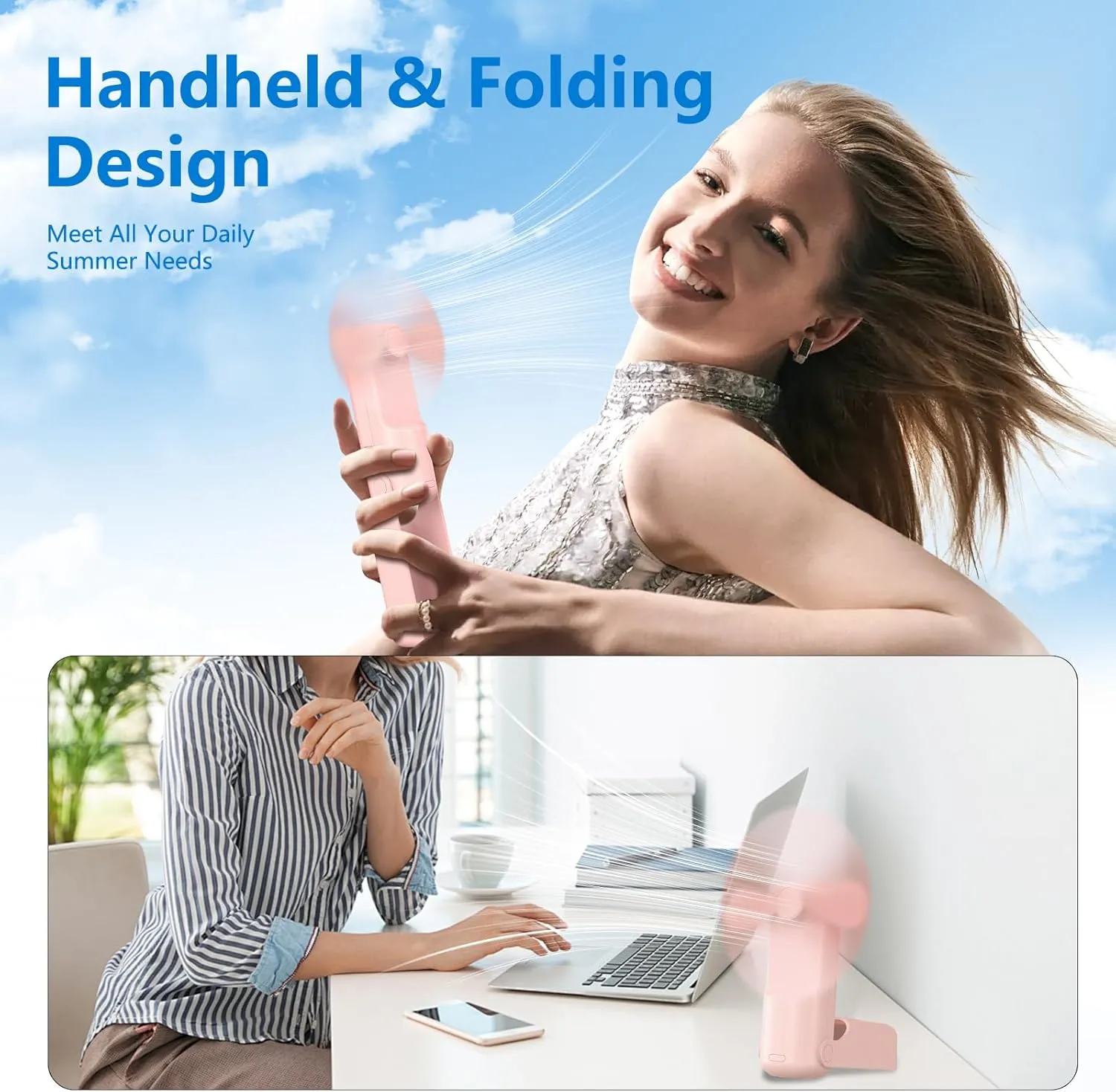 3 Pcs Portable Handheld Fans, 3 IN 1 USB-C Rechargeable [10H Working time] Mini Fan with 3 Speed, Flashlight, Lanyard, Folding Personal Fan, Gifts for Women Men Girls Kids, Purple&Pink&Green