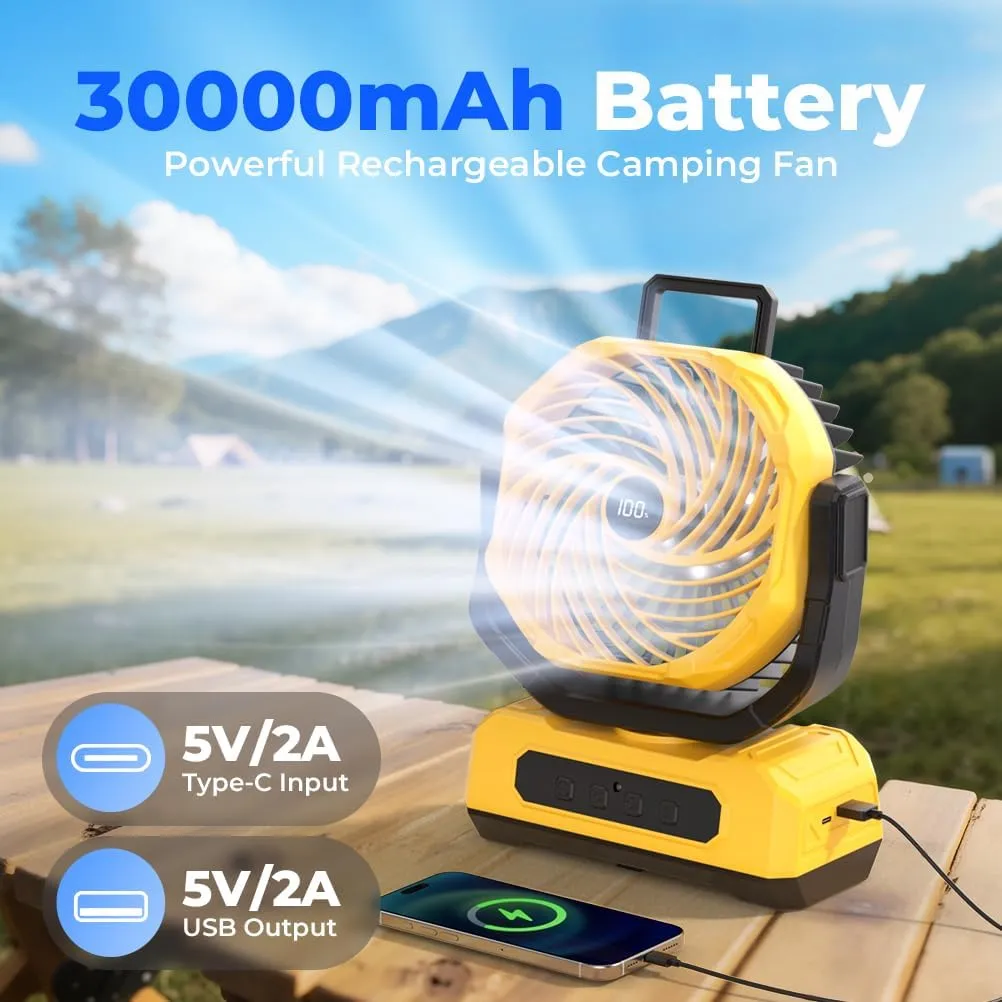 30000mAh Portable Camping Fan with RGB Lantern, Rechargeable Battery Powered Oscillating with 4 Wind Speeds LED Display, Remote Control Timer Tent Beach Cordless