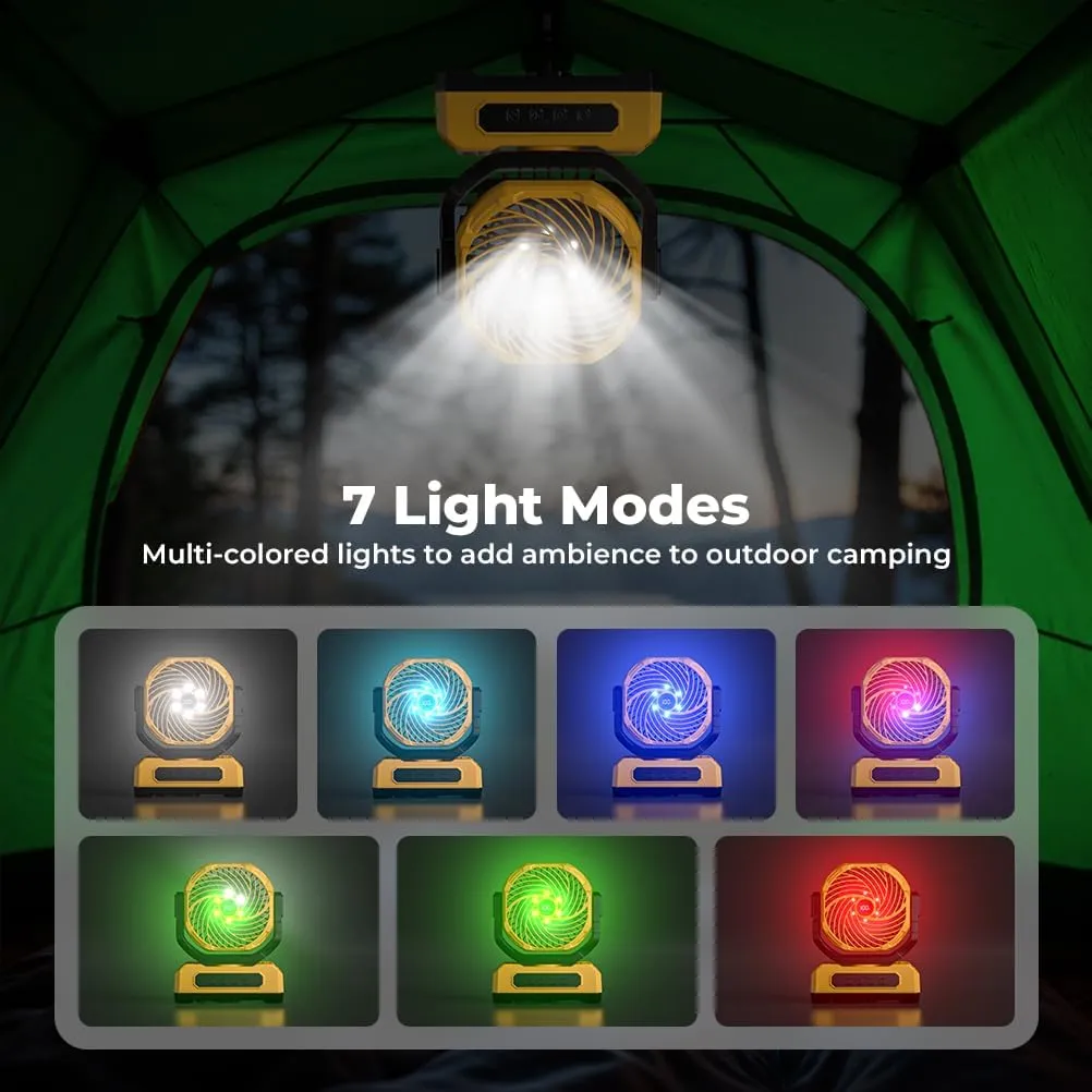 30000mAh Portable Camping Fan with RGB Lantern, Rechargeable Battery Powered Oscillating with 4 Wind Speeds LED Display, Remote Control Timer Tent Beach Cordless