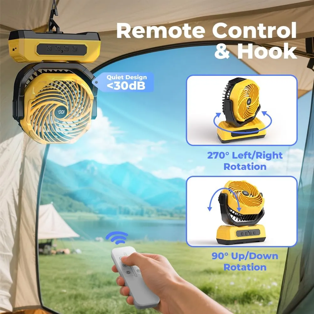 30000mAh Portable Camping Fan with RGB Lantern, Rechargeable Battery Powered Oscillating with 4 Wind Speeds LED Display, Remote Control Timer Tent Beach Cordless