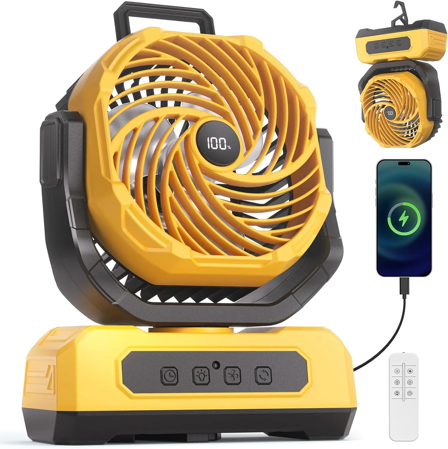 30000mAh Portable Camping Fan with RGB Lantern, Rechargeable Battery Powered Oscillating with 4 Wind Speeds LED Display, Remote Control Timer Tent Beach Cordless Battery-powered portable fan
