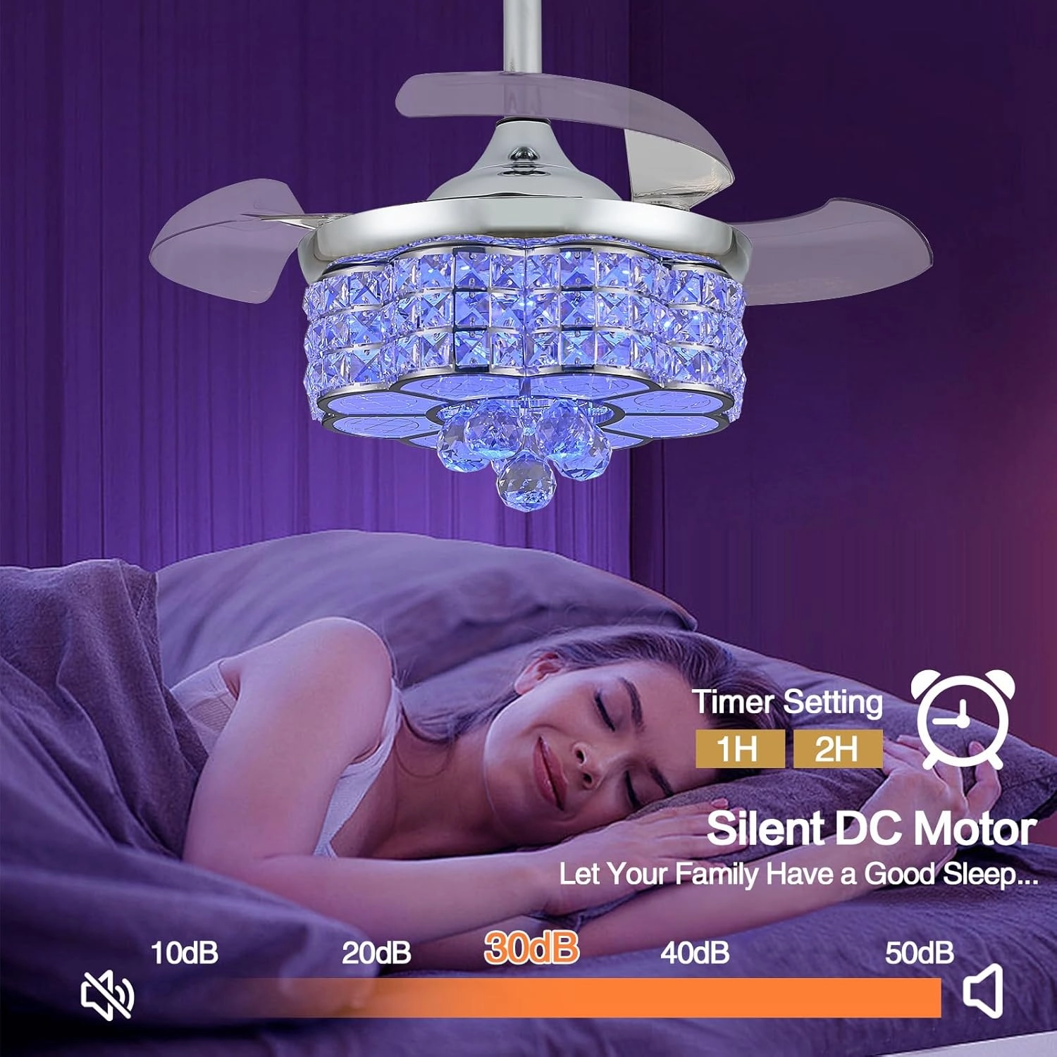 30" RGB Crystal Retractable Ceiling Fan with Light Dimmable LED Chandelier, Remote & App Control, 6-Speed Timer, Memory Function for Bedroom Living Room,Silver