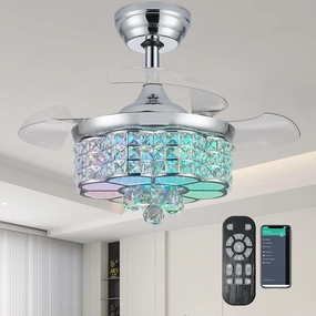 30" RGB Crystal Retractable Ceiling Fan with Light Dimmable LED Chandelier, Remote & App Control, 6-Speed Timer, Memory Function for Bedroom Living Room,Silver App-controlled remote fan for convenience