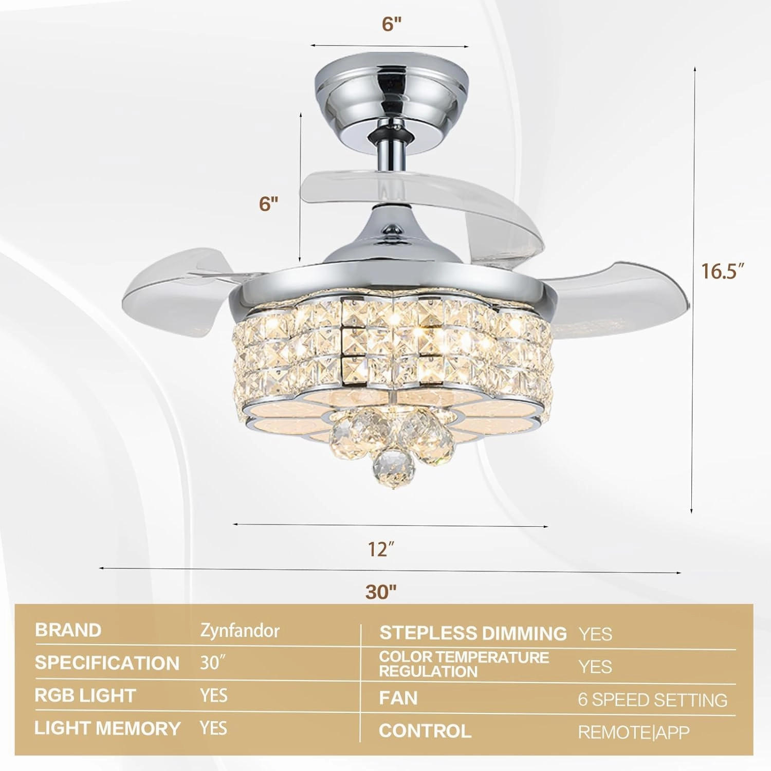 30" RGB Crystal Retractable Ceiling Fan with Light Dimmable LED Chandelier, Remote & App Control, 6-Speed Timer, Memory Function for Bedroom Living Room,Silver