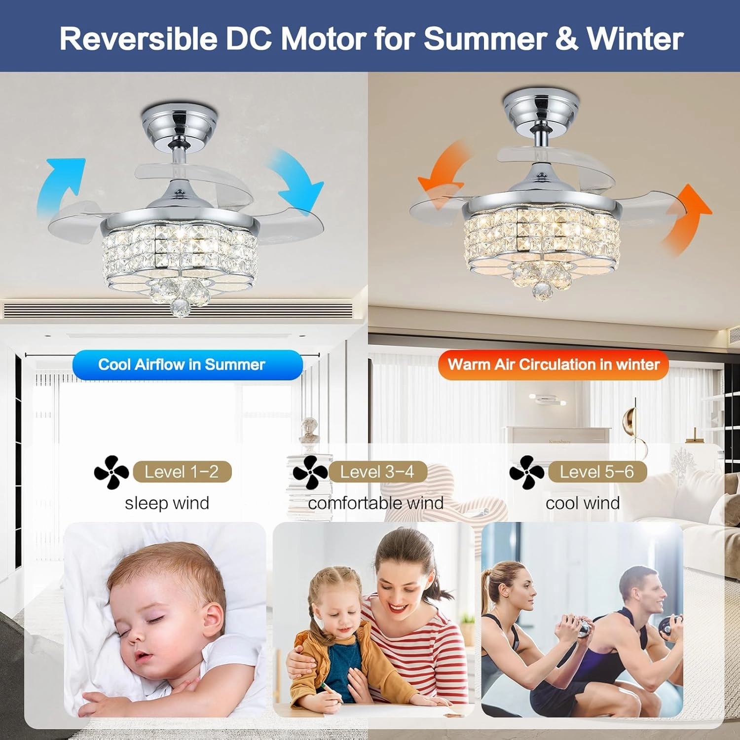 30" RGB Crystal Retractable Ceiling Fan with Light Dimmable LED Chandelier, Remote & App Control, 6-Speed Timer, Memory Function for Bedroom Living Room,Silver