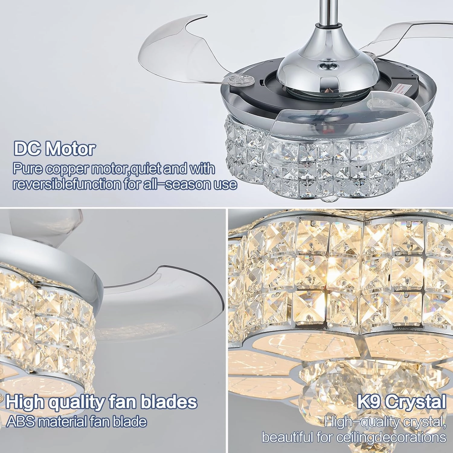 30" RGB Crystal Retractable Ceiling Fan with Light Dimmable LED Chandelier, Remote & App Control, 6-Speed Timer, Memory Function for Bedroom Living Room,Silver