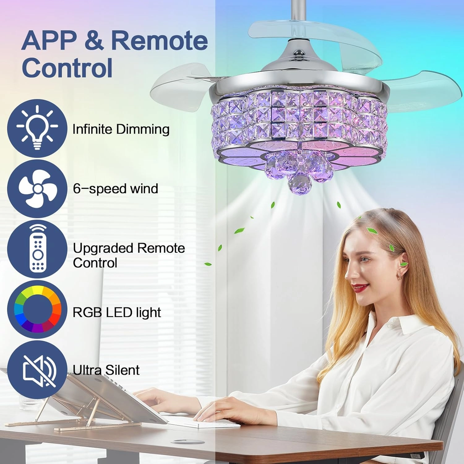 30" RGB Crystal Retractable Ceiling Fan with Light Dimmable LED Chandelier, Remote & App Control, 6-Speed Timer, Memory Function for Bedroom Living Room,Silver