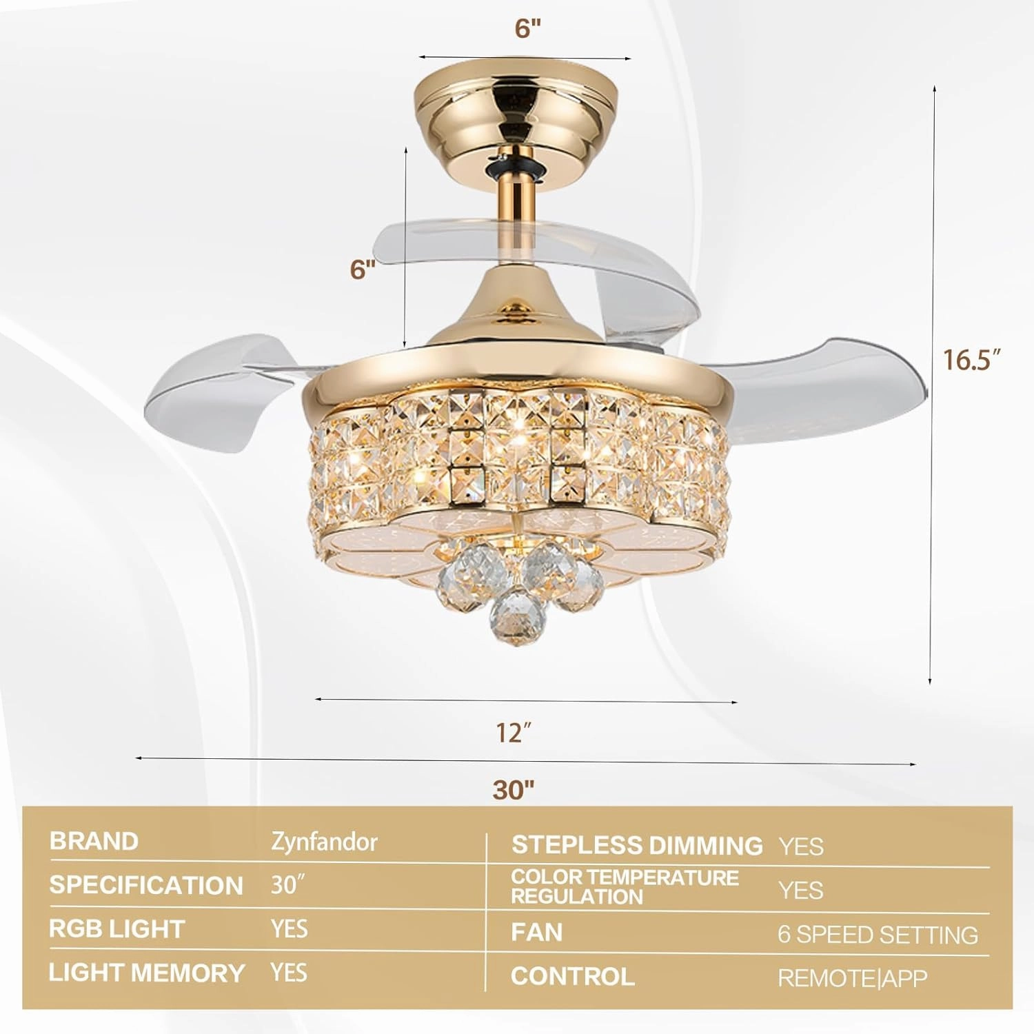 30" RGB Retractable Crystal Ceiling Fan with Light Dimmable Bluetooth Chandelier Fan, 6-Speed Timer, APP Remote Control for Bedroom,Gold