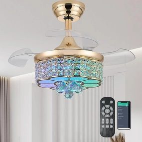 30" RGB Retractable Crystal Ceiling Fan with Light Dimmable Bluetooth Chandelier Fan, 6-Speed Timer, APP Remote Control for Bedroom,Gold App-controlled remote fan for convenience
