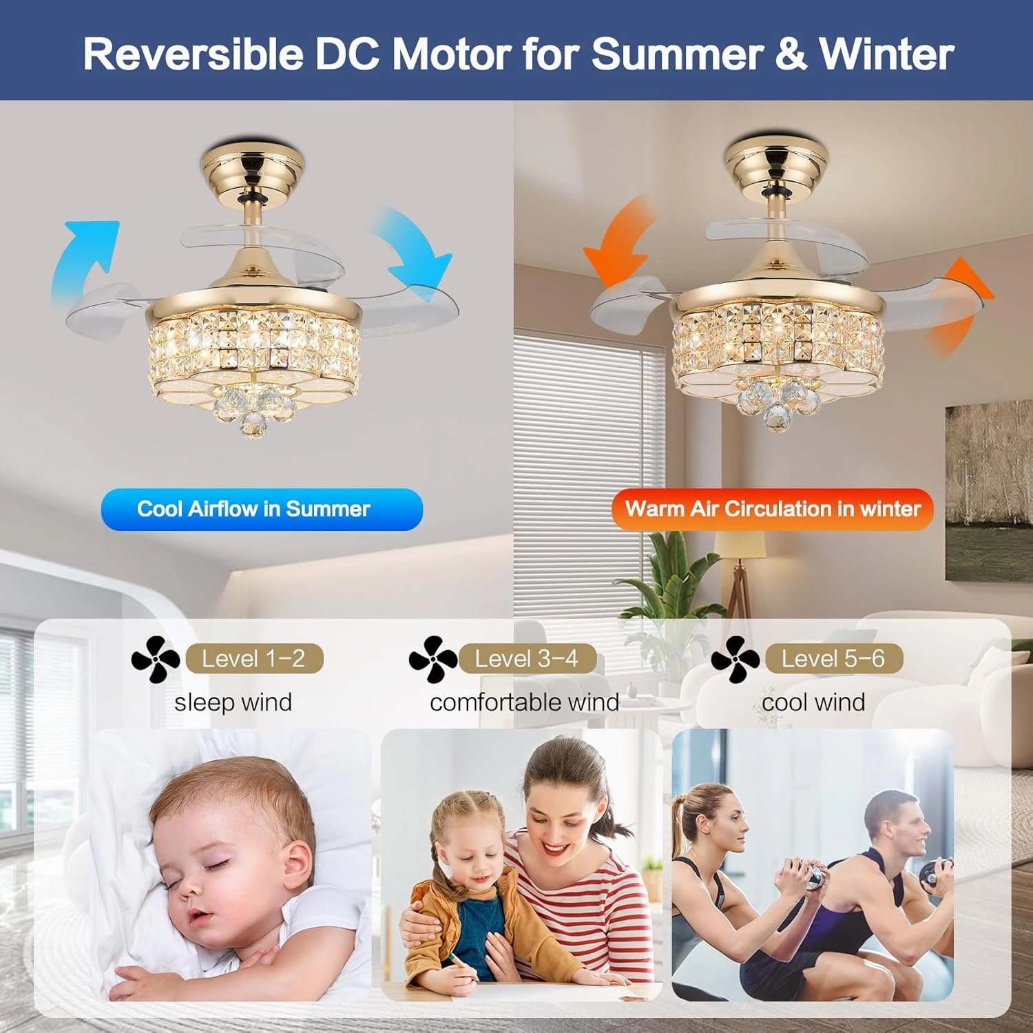 30" RGB Retractable Crystal Ceiling Fan with Light Dimmable Bluetooth Chandelier Fan, 6-Speed Timer, APP Remote Control for Bedroom,Gold