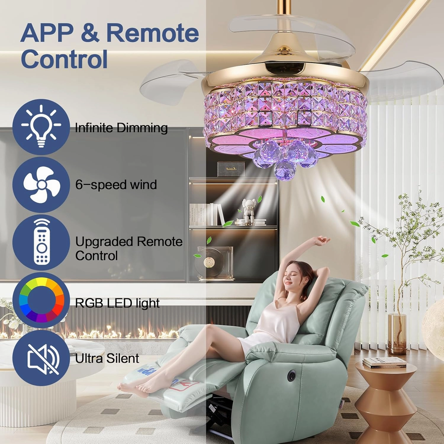 30" RGB Retractable Crystal Ceiling Fan with Light Dimmable Bluetooth Chandelier Fan, 6-Speed Timer, APP Remote Control for Bedroom,Gold