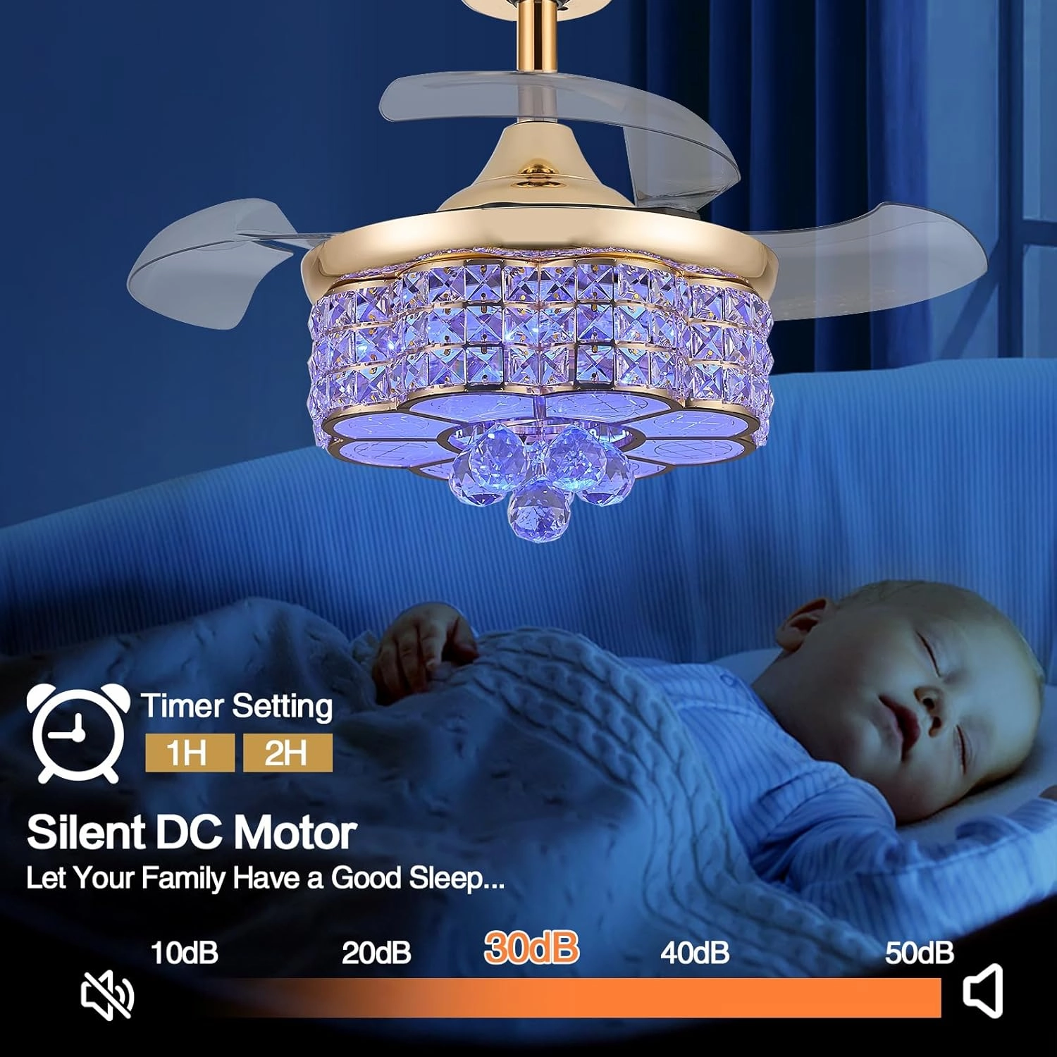 30" RGB Retractable Crystal Ceiling Fan with Light Dimmable Bluetooth Chandelier Fan, 6-Speed Timer, APP Remote Control for Bedroom,Gold