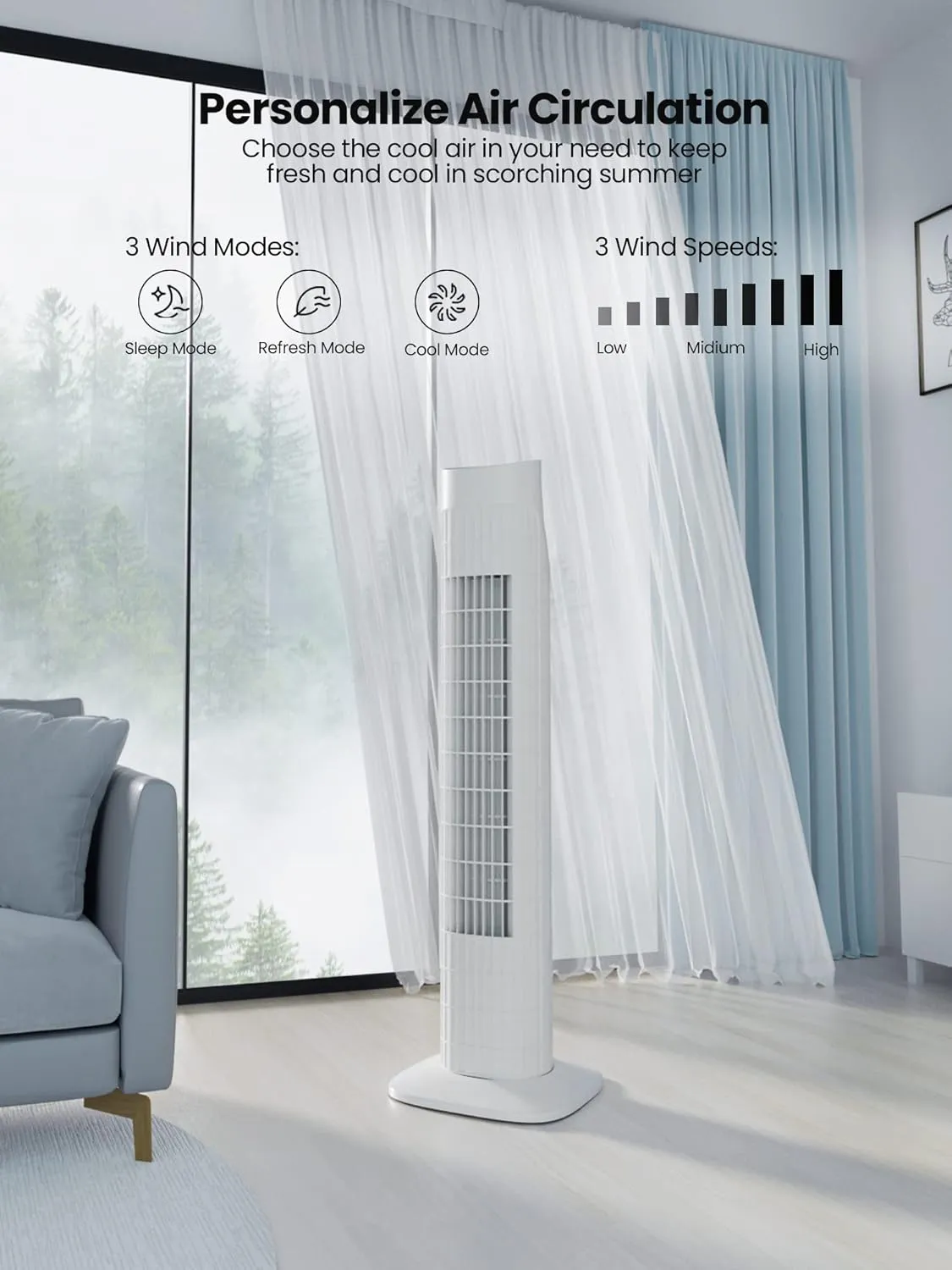 31" Electric Tower Fan That Blow Cold Air, Quiet Cooling Fan with Oscillation 7.5H Timer,Portable Floor Bladeless Standing Fan with Remote, White