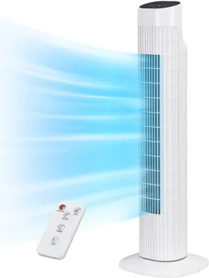31" Electric Tower Fan That Blow Cold Air, Quiet Cooling Fan with Oscillation 7.5H Timer,Portable Floor Bladeless Standing Fan with Remote, White Small bladeless fan for quiet cooling