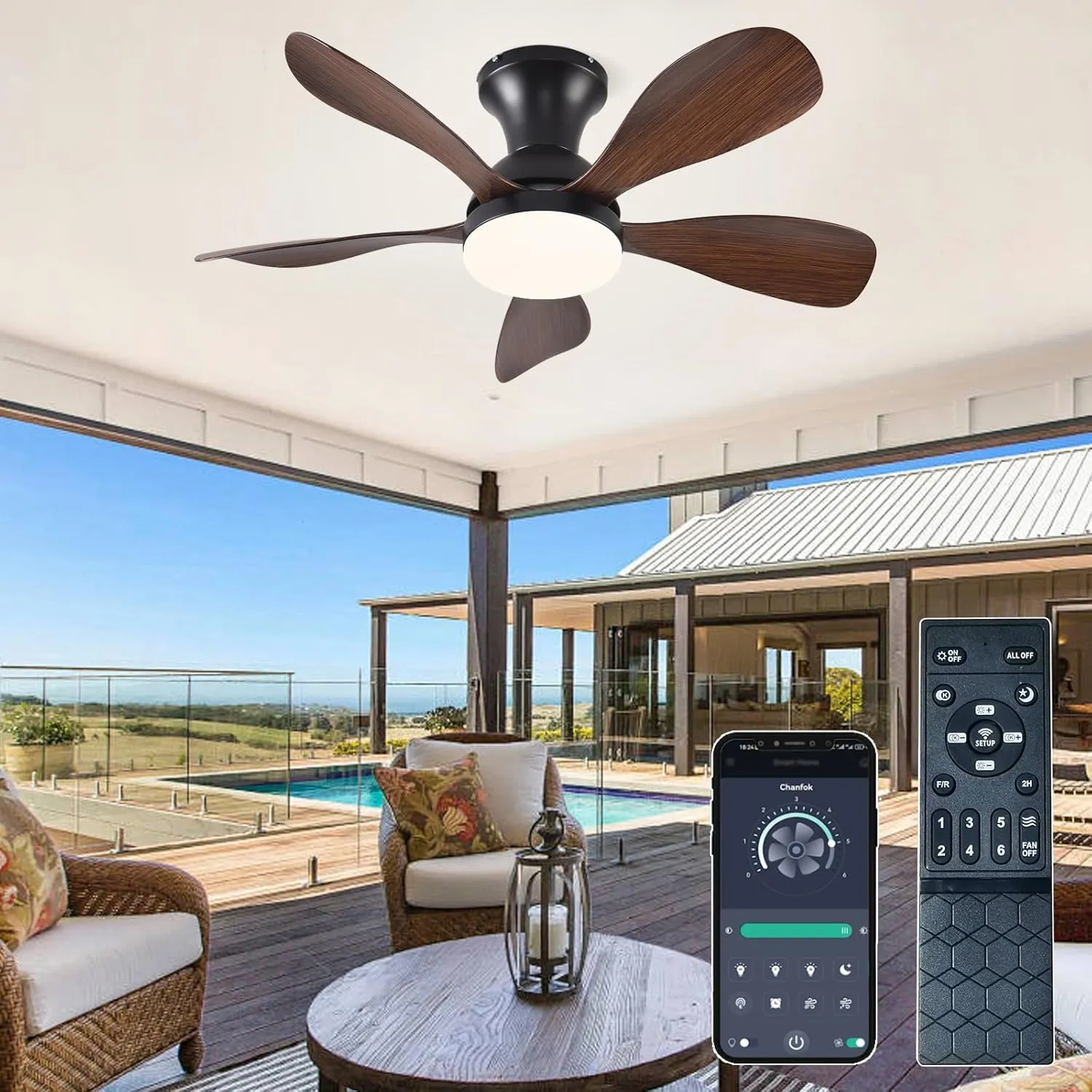 33In Low Profile Ceiling Fans with Lights and Remote/APP Control,Modern Flush Mount Ceiling Fan with 5 Reversible Blades for Outdoor Patio,Small Room,Bedroom(Black Brown App-controlled remote fan for convenience