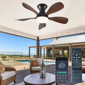 33In Low Profile Ceiling Fans with Lights and Remote/APP Control,Modern Flush Mount Ceiling Fan with 5 Reversible Blades for Outdoor Patio,Small Room,Bedroom(Black Brown App-controlled remote fan for convenience