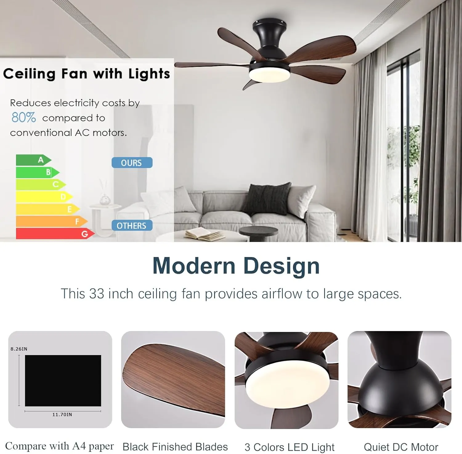 33In Low Profile Ceiling Fans with Lights and Remote/APP Control,Modern Flush Mount Ceiling Fan with 5 Reversible Blades for Outdoor Patio,Small Room,Bedroom(Black Brown