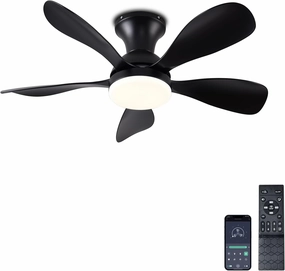 33In Black Low Profile Ceiling Fans with Lights and Remote/APP Control, Modern Flush Mount Ceiling Fan with 5 Reversible Blades for Outdoor Patio,Small Room,Bedroom App-controlled remote fan for convenience
