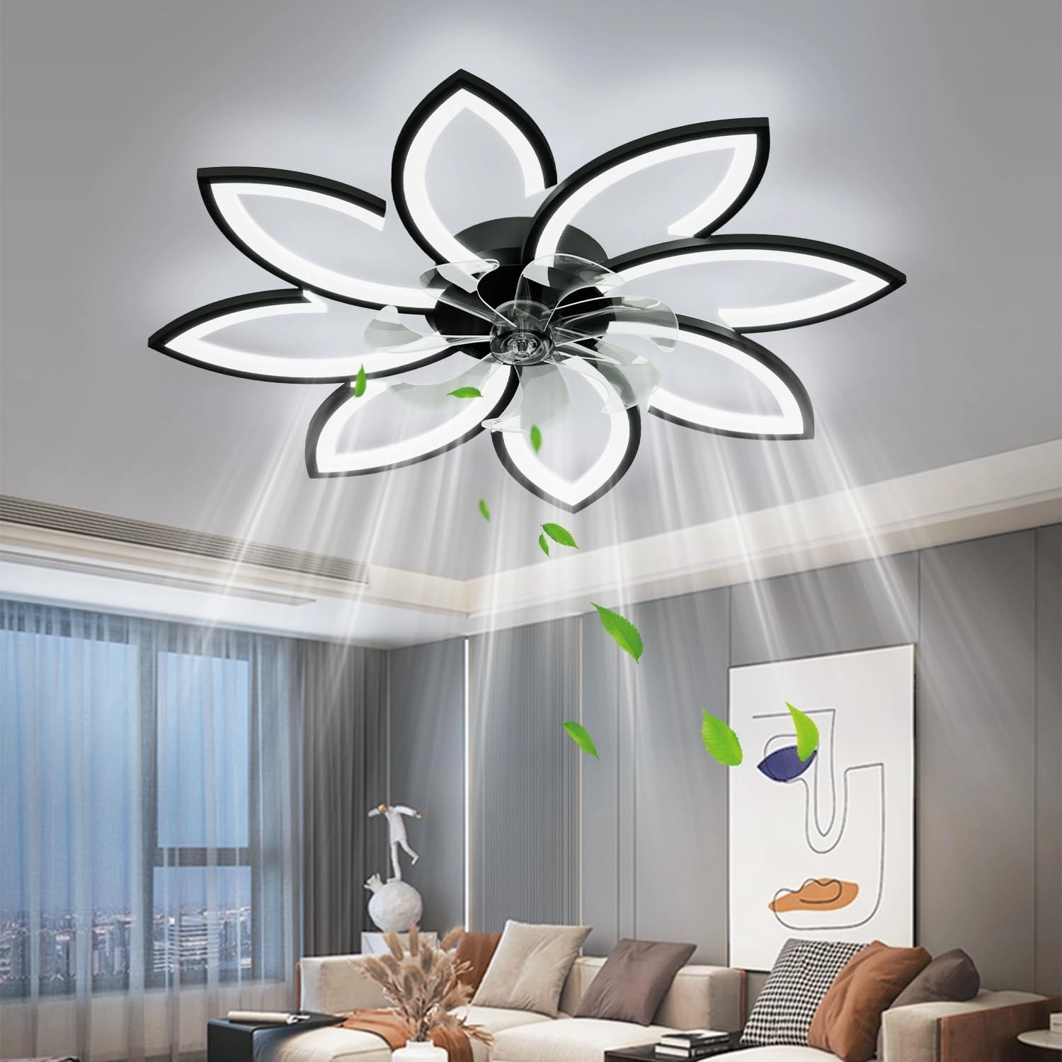 35'' Ceiling Fans with Lights, Modern Ceiling Fan with Lights with Remote, Low Profile Ceiling Fan, 6 Speed Flush Mount Ceiling Fans for Bedroom (Black)