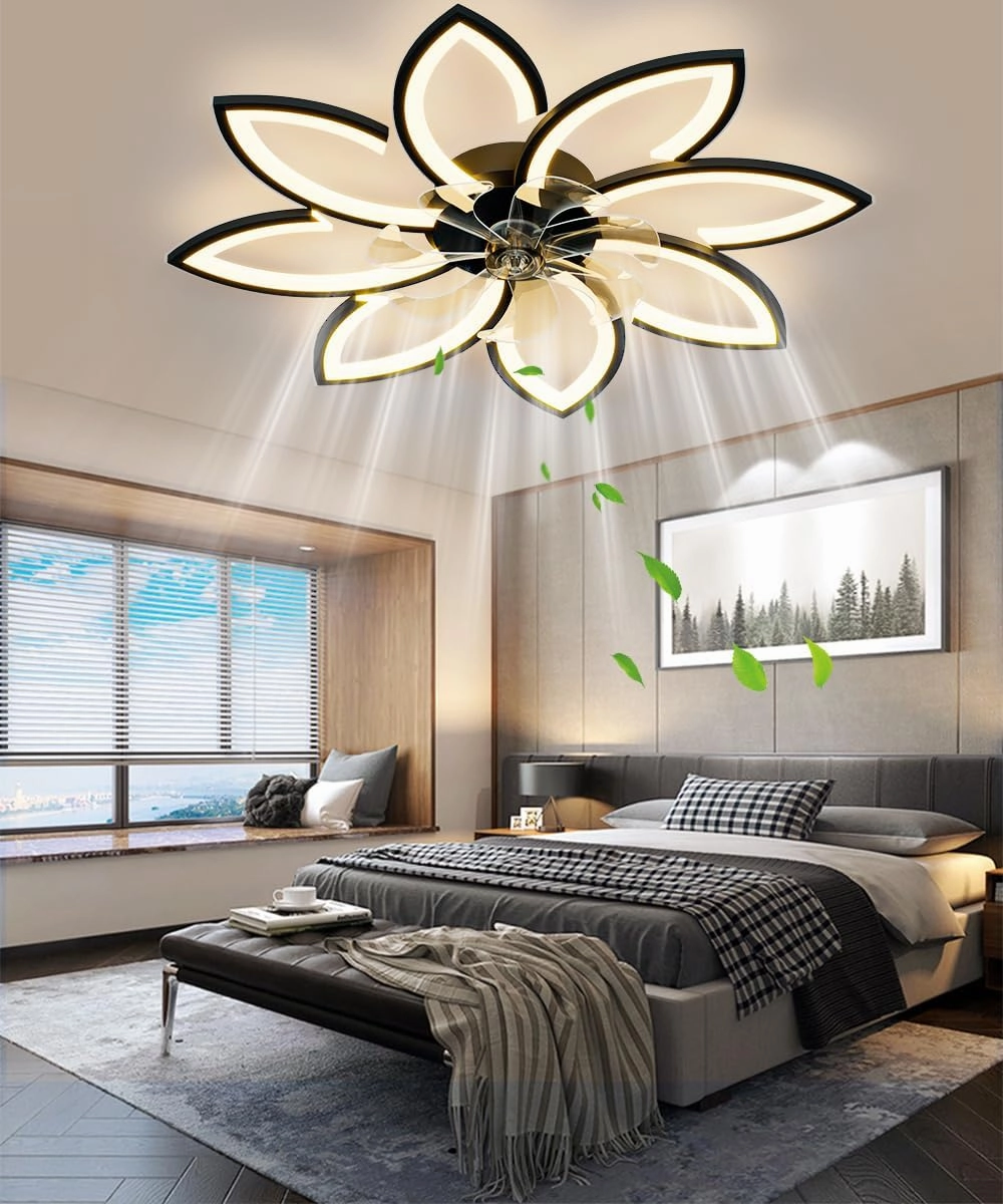 35'' Ceiling Fans with Lights, Modern Ceiling Fan with Lights with Remote, Low Profile Ceiling Fan, 6 Speed Flush Mount Ceiling Fans for Bedroom (Black)