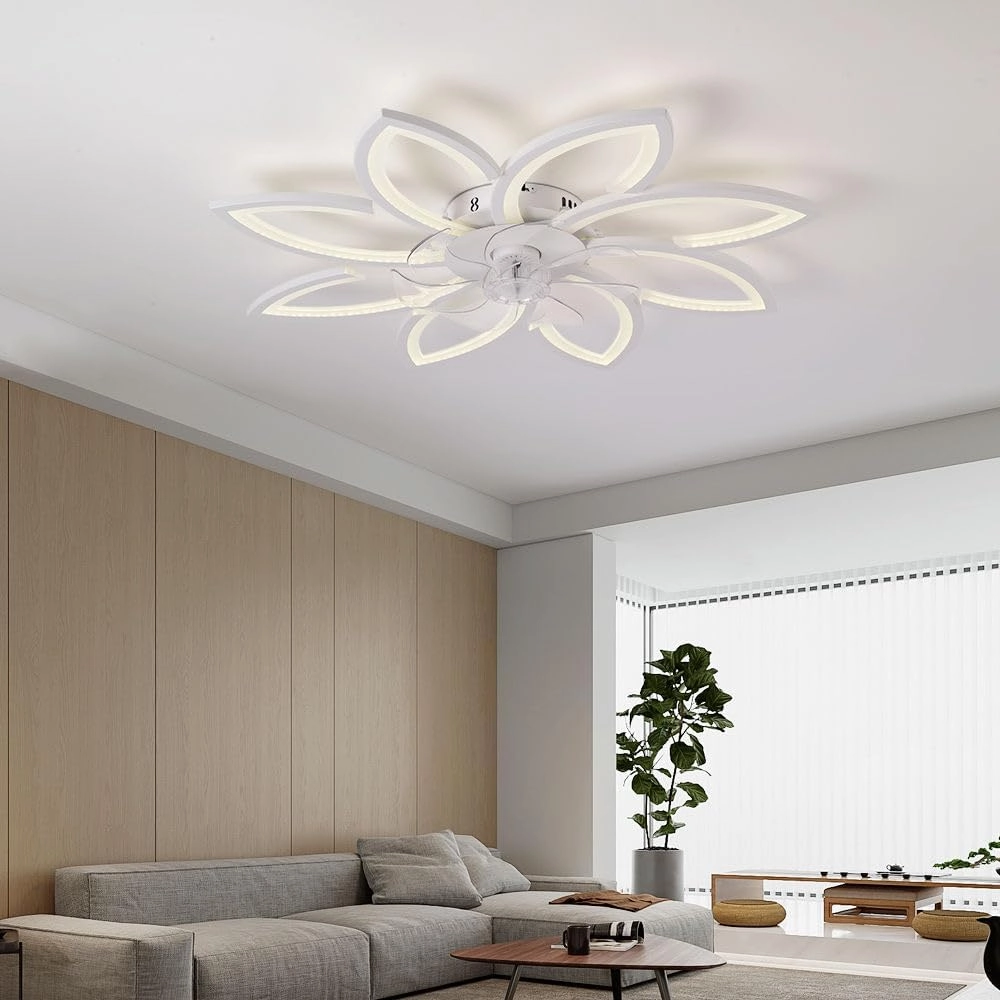 35" Ceiling Fans with Lights Remote, Modern Ceiling Fans with Lights, Bladeless Ceiling Fans Light, Low Profile Ceiling Fan with Light, Flush Mount Ceiling Fan for Bendroom (White)