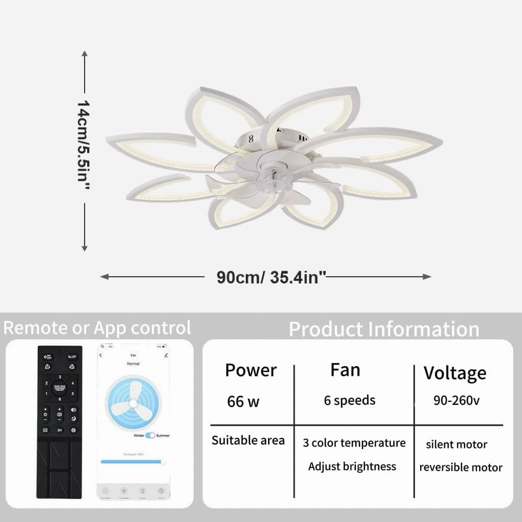 35" Ceiling Fans with Lights Remote, Modern Ceiling Fans with Lights, Bladeless Ceiling Fans Light, Low Profile Ceiling Fan with Light, Flush Mount Ceiling Fan for Bendroom (White)