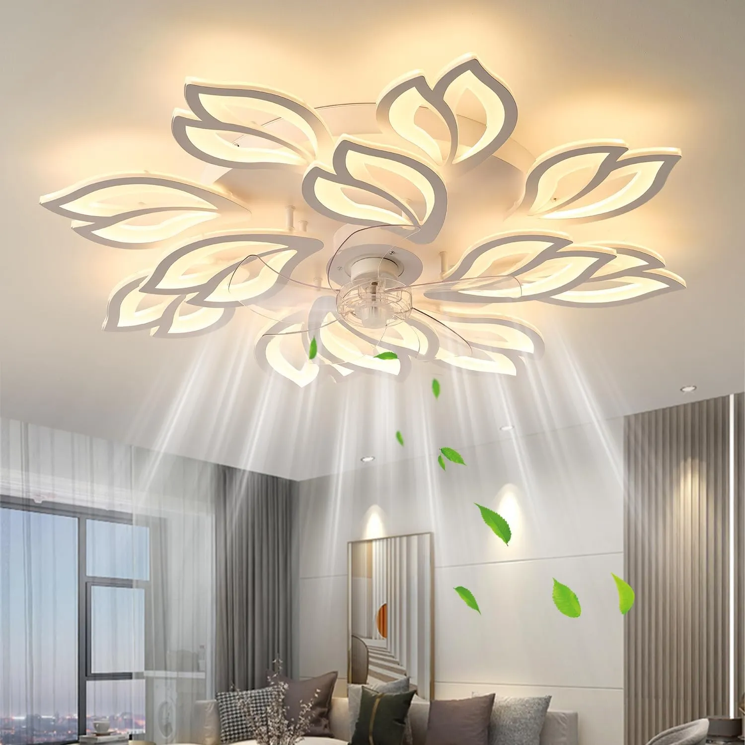 35''Ceiling Fans with Lights, Modern Ceiling Fan with Lights and Remote, Dimmable Bladeless Ceiling Fans Light, Low Profile Ceiling Fan 6 Speed Reversible Blades Timing 130W for Kids Bedroom White App-controlled remote fan for convenience