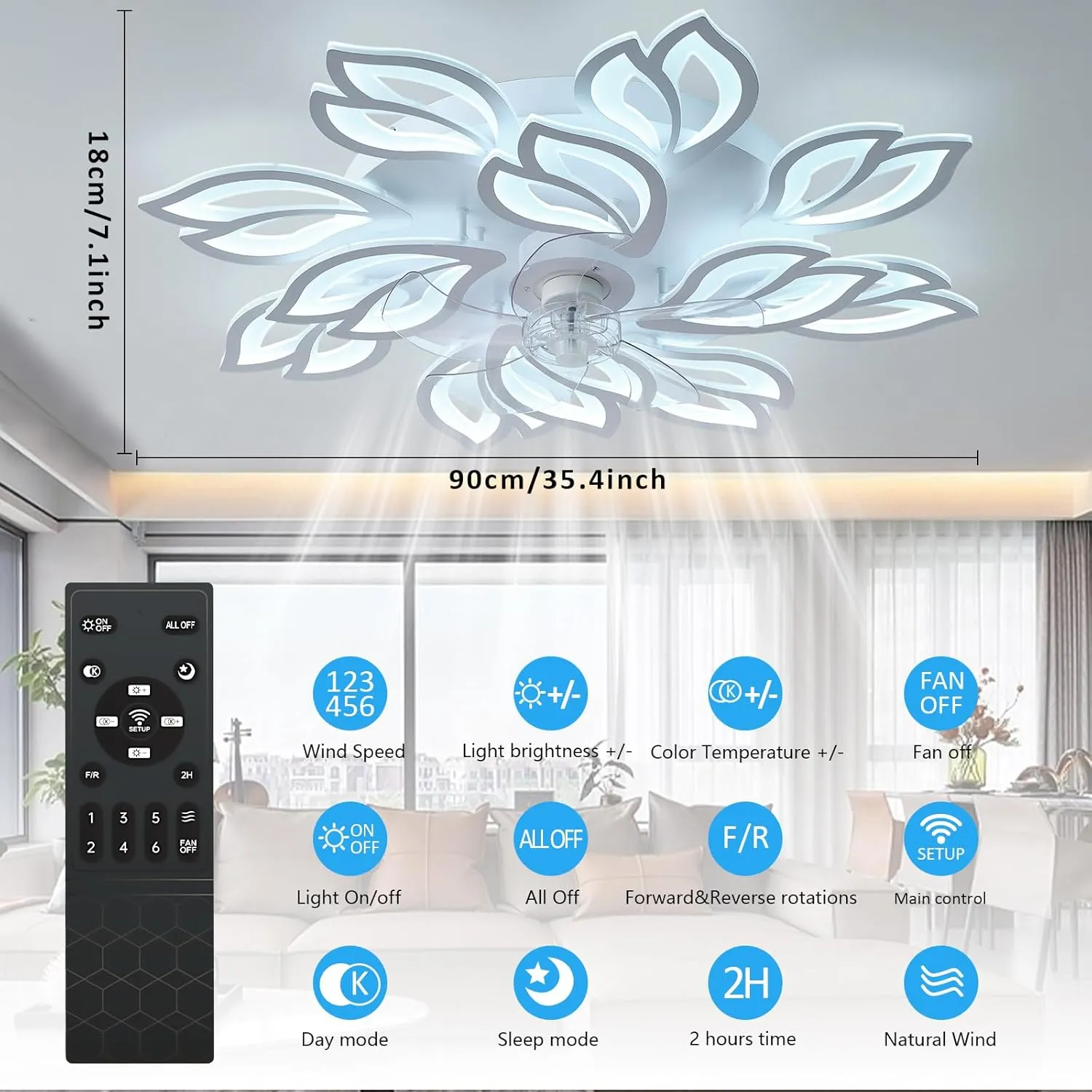 35''Ceiling Fans with Lights, Modern Ceiling Fan with Lights and Remote, Dimmable Bladeless Ceiling Fans Light, Low Profile Ceiling Fan 6 Speed Reversible Blades Timing 130W for Kids Bedroom White
