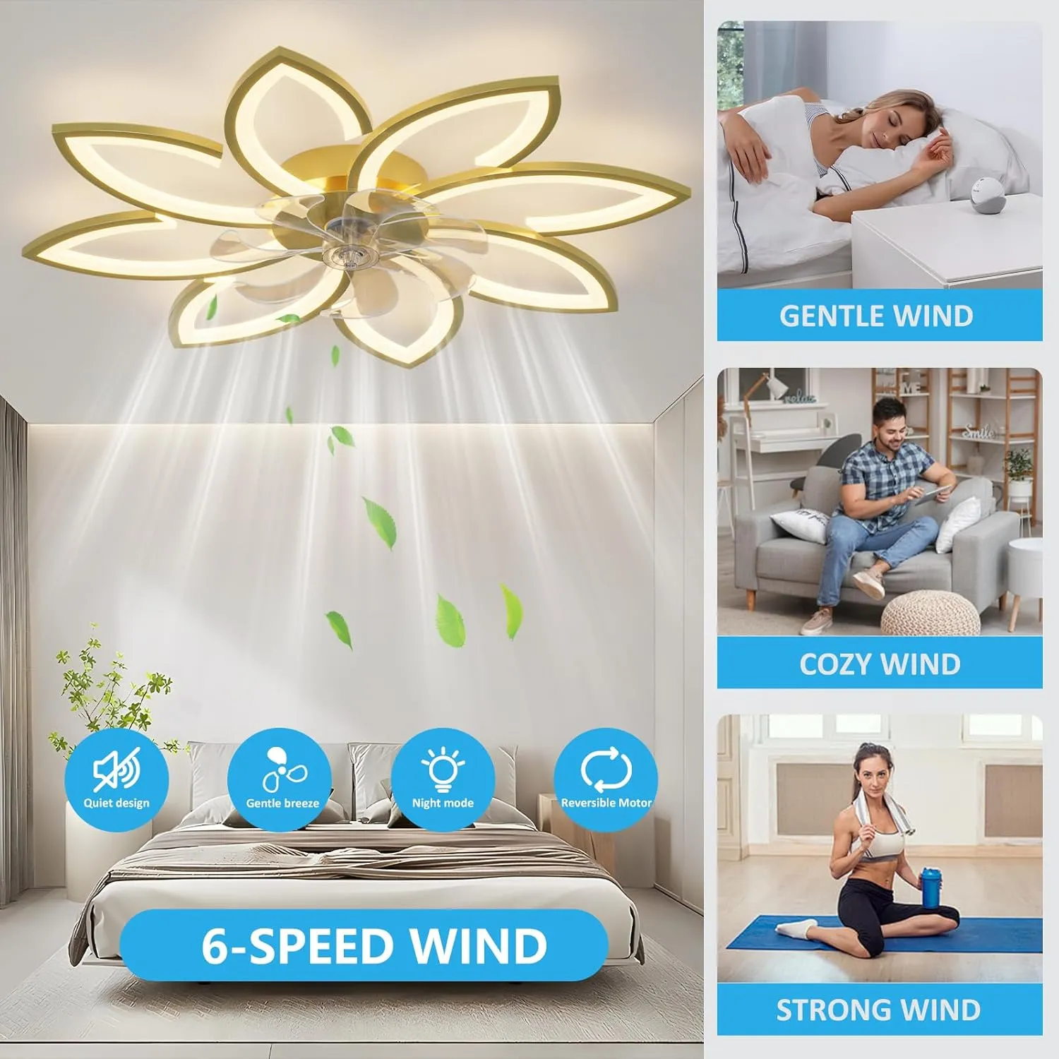 35" Ceiling Fans with Lights, Modern Ceiling Fan with Lights and Remote, Dimmable Bladeless Ceiling Fans LED Light, Low Profile Ceiling Fan 6 Speed Reversible Blades Timing for Bedroom