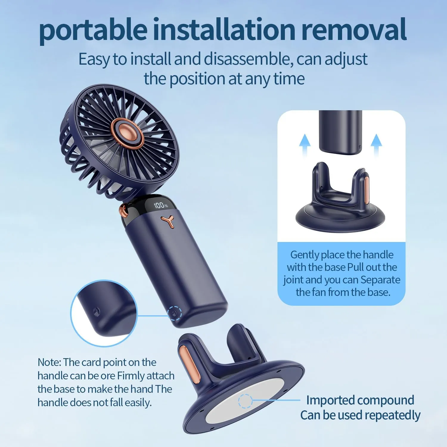 360 Rotating Folding Handheld Fan - 5 Speed Adjustable,Powerful Rechargeable Fan-2400mAh Battery, 12-Hour Runtime,Mini Portable Fan for Handheld, neck, desktop, wall mounted (Blue)