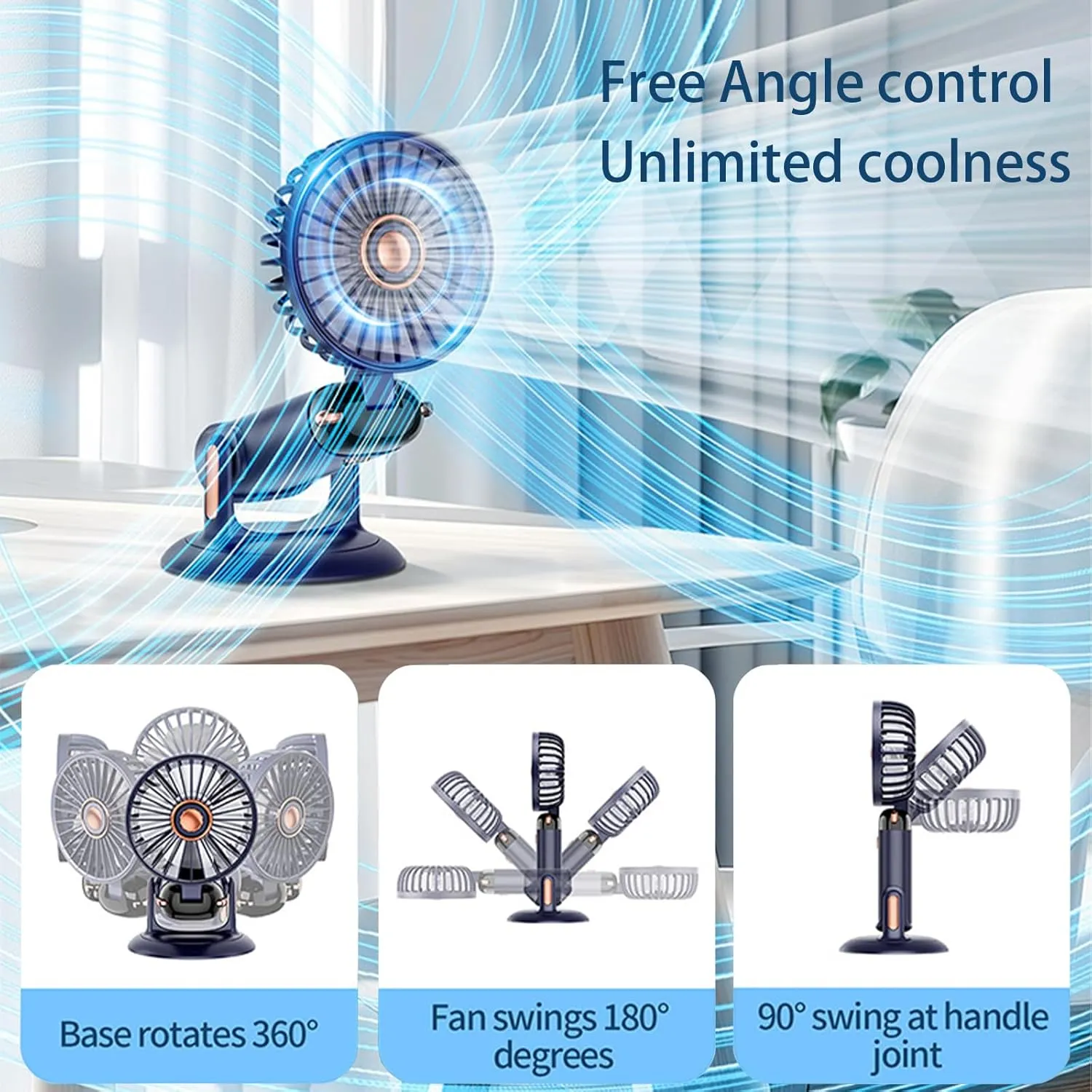 360 Rotating Folding Handheld Fan - 5 Speed Adjustable,Powerful Rechargeable Fan-2400mAh Battery, 12-Hour Runtime,Mini Portable Fan for Handheld, neck, desktop, wall mounted (Blue)