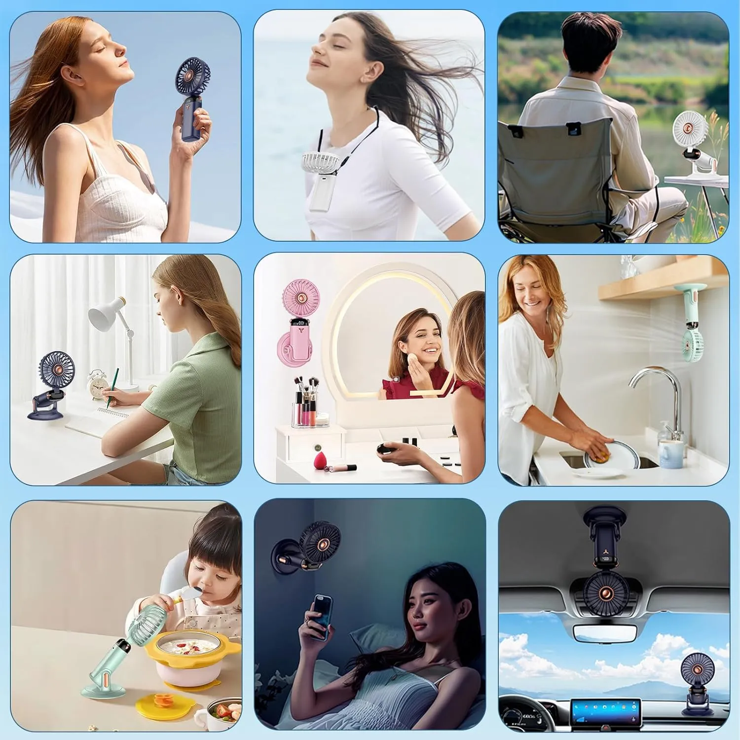 360 Rotating Folding Handheld Fan - 5 Speed Adjustable,Powerful Rechargeable Fan-2400mAh Battery, 12-Hour Runtime,Mini Portable Fan for Handheld, neck, desktop, wall mounted (Blue)