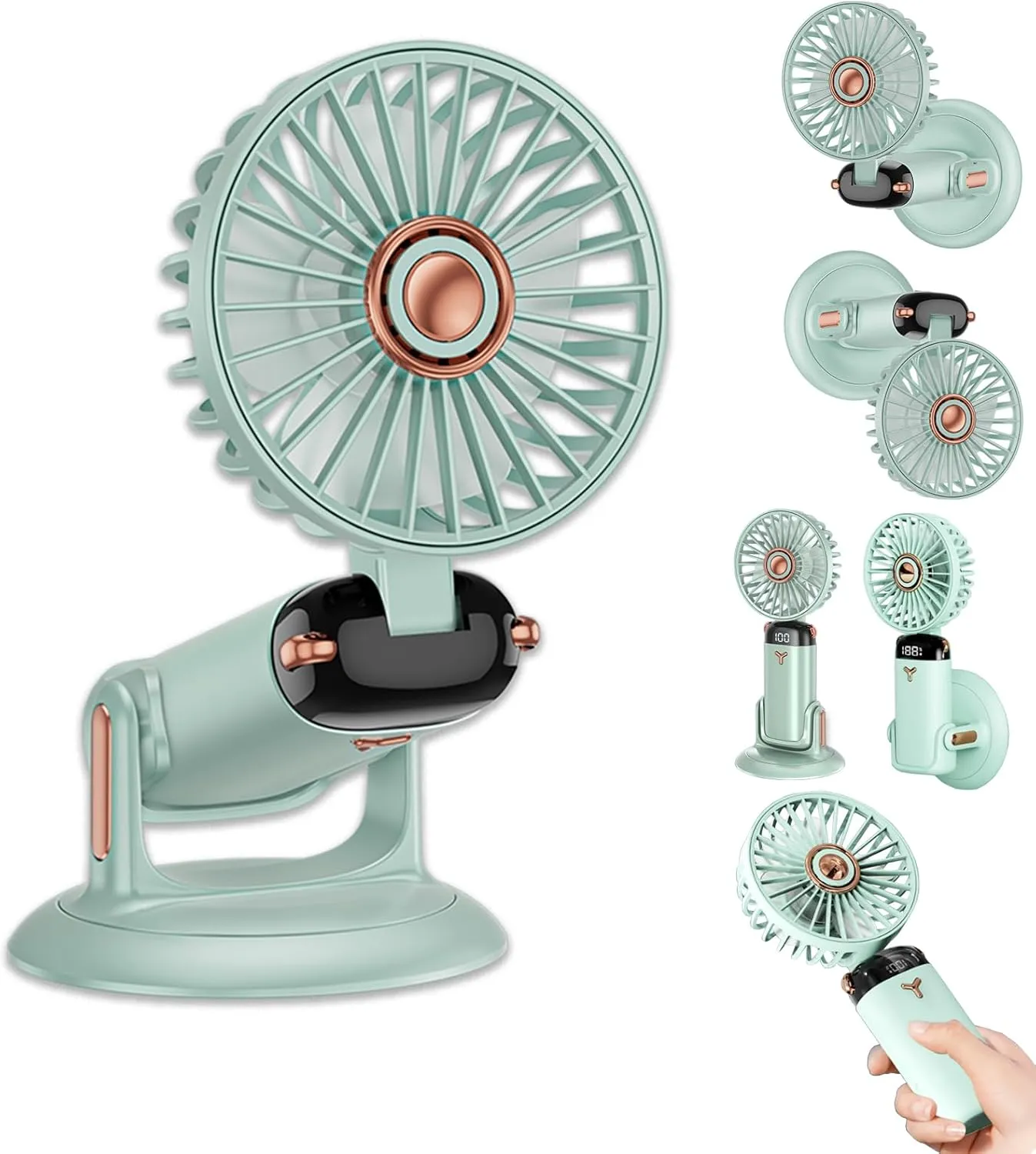 360 Rotating Folding Handheld Fan - 5 Speed Adjustable,Powerful Rechargeable Fan-2400mAh Battery, 12-Hour Runtime,Mini Portable Fan for Handheld, neck, desktop, wall mounted (Green) 360-degree rotating fan for home use