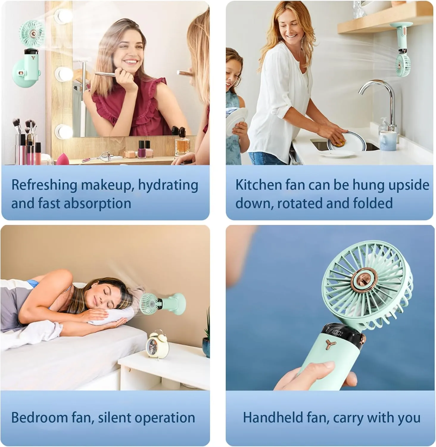 360 Rotating Folding Handheld Fan - 5 Speed Adjustable,Powerful Rechargeable Fan-2400mAh Battery, 12-Hour Runtime,Mini Portable Fan for Handheld, neck, desktop, wall mounted (Green)