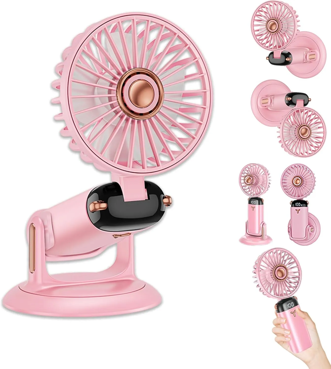 360 Rotating Folding Handheld Fan - 5 Speed Adjustable,Powerful Rechargeable Fan-2400mAh Battery, 12-Hour Runtime,Mini Portable Fan for Handheld, neck, desktop, wall mounted (Pink) 360-degree rotating fan for home use