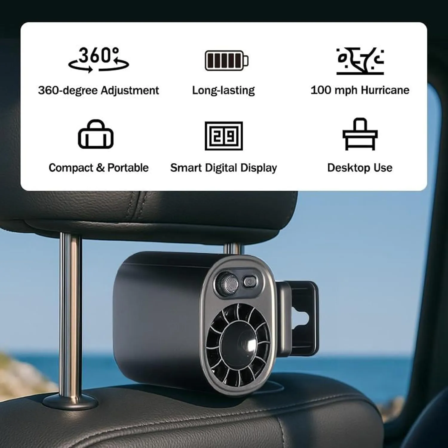 360 Rotation Car Clip On Fan with LED Display, Car Clip On Fans, 100 Speeds Adjustable, USB Rechargeable, Portable Clip on Fan, For Home, Office, Cars and Camping (Black)