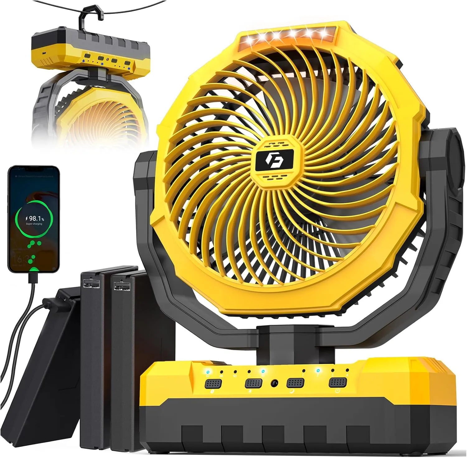 36000mAh Portable Camping Fan - 150HRS Rechargeable Fan with Detachable Battery with LED & Remote - 4 Speeds Battery Powered for Tent,Travel, Office, Jobsite Battery-powered portable fan
