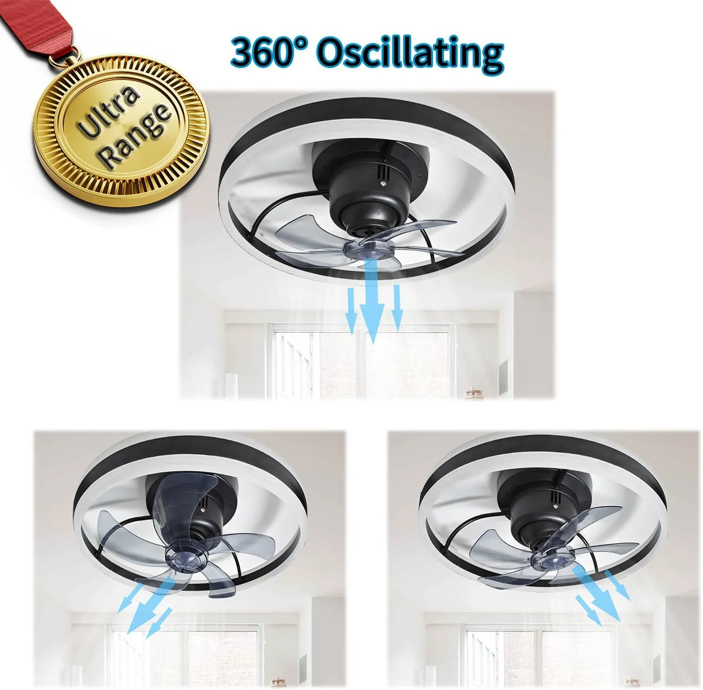 360Oscillating Low Profile Ceiling Fan with Light,Flush Mount Bladeless Ceiling Fan Remote and Phone APP Control,20" Modern LED Fan Light 3000K-6500K Stepless Dimmable Ultra Quiet 6 Wind Speeds