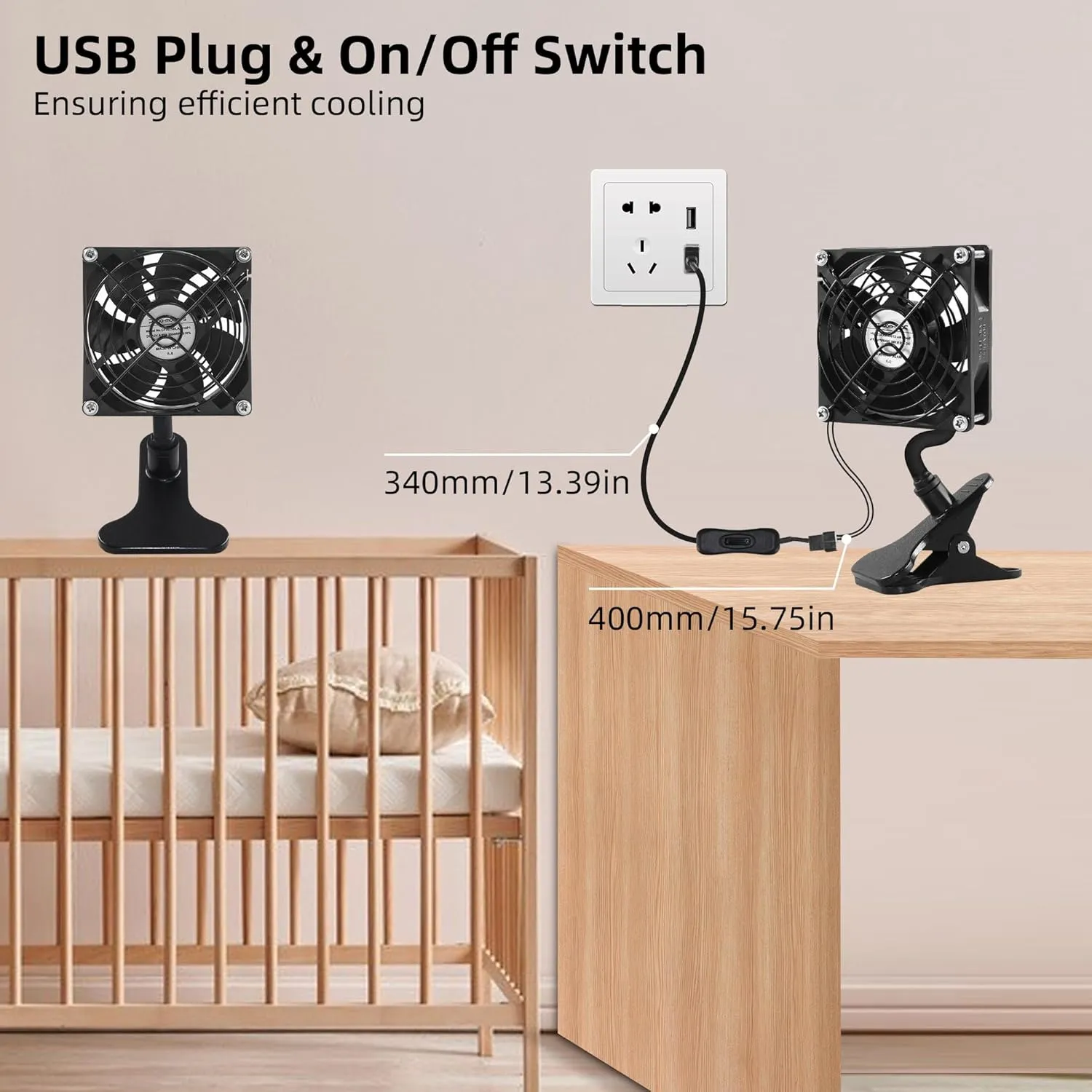 3.62" USB Clip on Fan 5V USB Boost 12V 3Pin Adapter with On/Off Switch Cooling Fan for Desktop Bed Frame and DIY Cooling Projects