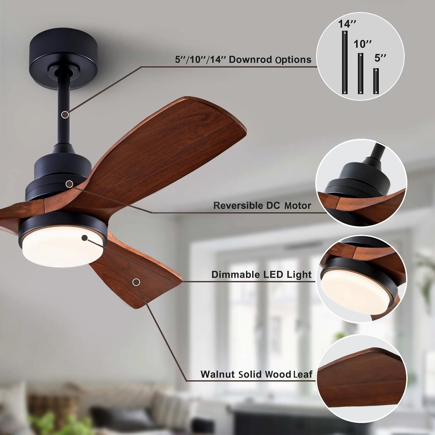 36" Ceiling Fans [with Lighting Remote Control], Indoor Outdoor Modern Wooden Ceiling Fan [with 3 Solid Wood Blades] for Kids' Rooms, bedrooms, Offices and More.