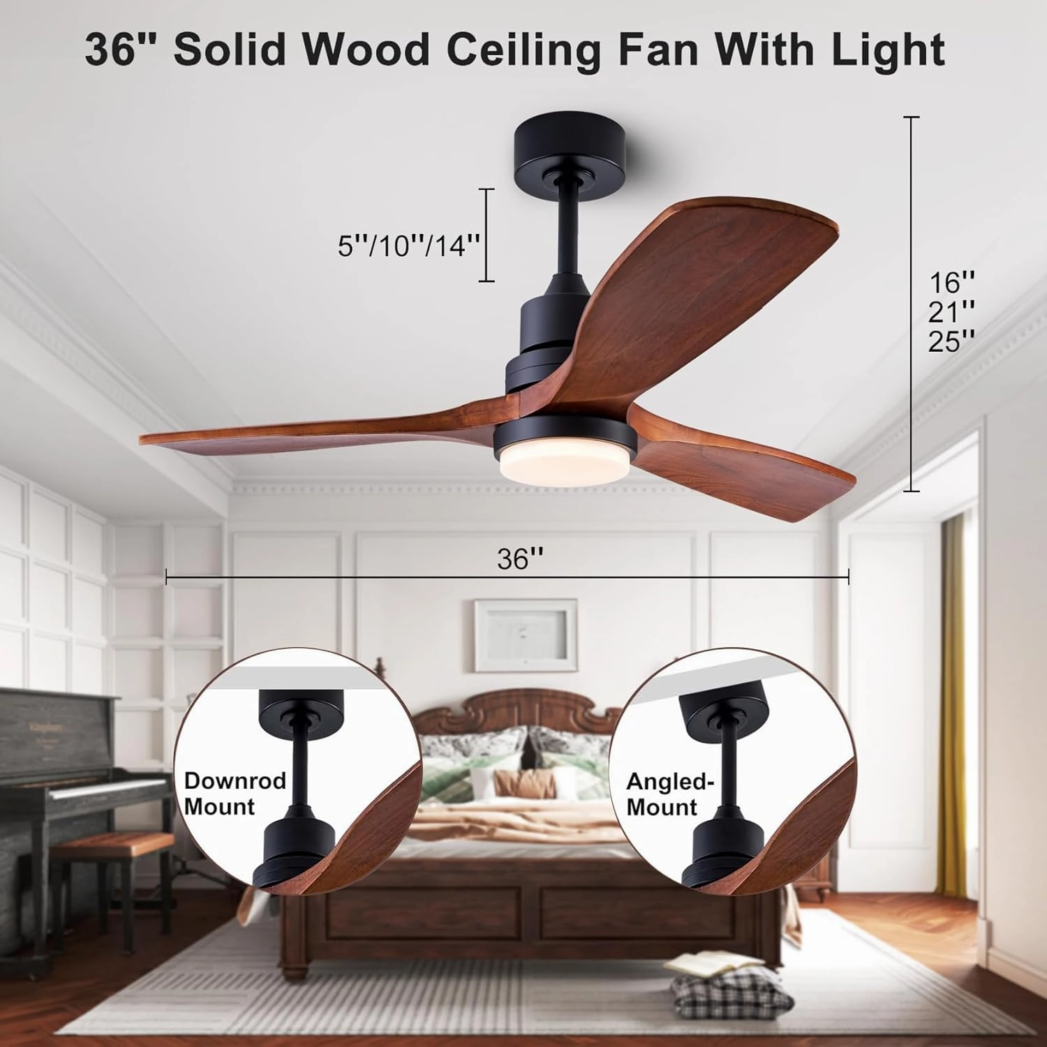 36" Ceiling Fans [with Lighting Remote Control], Indoor Outdoor Modern Wooden Ceiling Fan [with 3 Solid Wood Blades] for Kids' Rooms, bedrooms, Offices and More.